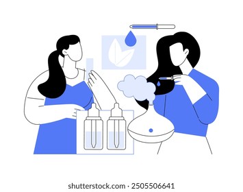 Essential oils specialist isolated cartoon vector illustrations. Essential oils specialist talking with client, aromatherapy diffuser, small business, wellness resort vector cartoon.