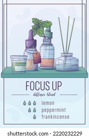 Essential oils vector illustration in cartoon style. A set of oil extracts. Design of poster background. Aromatherapy elements: candle, diffuser, oils.