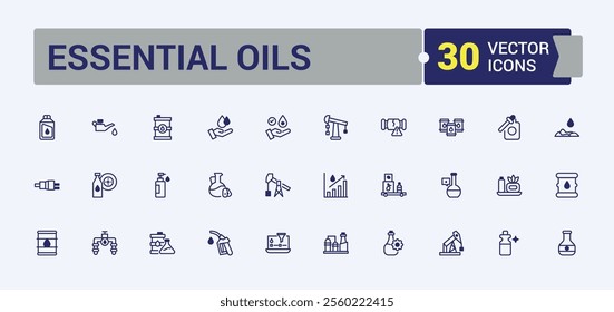 Essential Oils vector line icon set. Icon oil, product, plant, fuel, medical and more. Minimalistic icon. Vector line and solid icons.