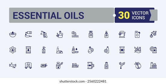 Essential Oils vector line icon set. Icon oil, product, plant, fuel, medical and more. Minimalistic icon. Vector line and solid icons.