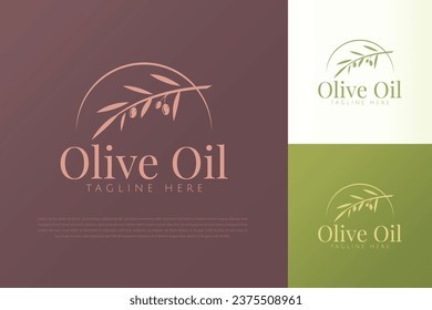 Essential Olive Oil Organic Product Logo with Abstract Illustration Branch Leaf Fruit Plant Concept Branding Template