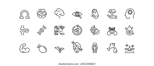 Essential omega icons promoting heart, brain, vision, immune, skin, and digestive health. Ideal for supplement and nutrition packaging.