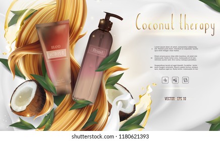 Essential organic therapy ads: shampoo/cream bottle, with coconuts and palm leaves; hair/body cosmetic product healthcare banner.