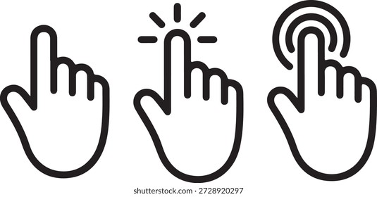 Essential outline hand cursor icons displaying various pointing and clicking actions, ideal for web design and interactive digital elements.