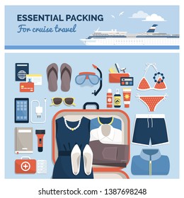 Essential packing for cruise travel and honeymoon, male and female items, clothing and accessories ready to pack, flat lay