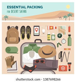 Essential packing for desert safari tour, adventure travel and exploration concept, flat lay equipment and clothing