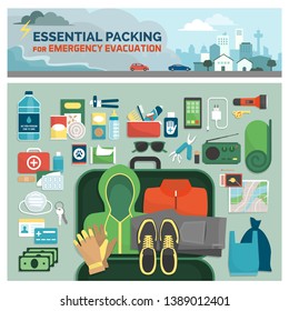 Essential packing kit for emergency evacuation, emergency preparedness and safety guide, flat lay objects and tools