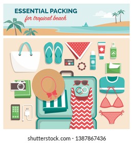 Essential packing for tropical beach: packing list for a summer travel vacation in exotic destinations with suitcase and flat lay objects