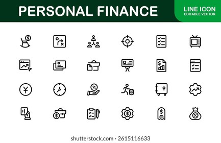 Essential Personal Finance Icon Set Vector Illustration. Includes Icons for Savings, Loans, Credit, and Financial Planning for Money Management Designs
