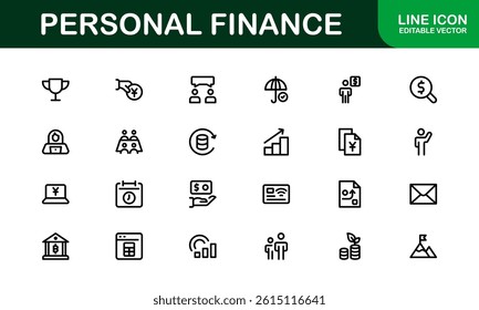 Essential Personal Finance Icon Set Vector Illustration. Includes Icons for Savings, Loans, Credit, and Financial Planning for Money Management Designs
