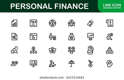 Essential Personal Finance Icon Set Vector Illustration. Includes Icons for Savings, Loans, Credit, and Financial Planning for Money Management Designs
