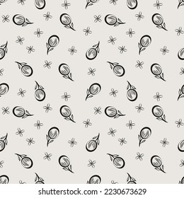 Essential plum and foliage seamless vector pattern. Neutral and timeless botanical repeating pattern for packaging and backgrounds.