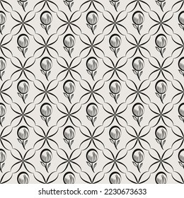 Essential plum and foliage seamless vector pattern. Neutral and timeless botanical repeating pattern for packaging and backgrounds.