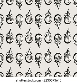 Essential plum and foliage seamless vector pattern. Neutral and timeless botanical repeating pattern for packaging and backgrounds.