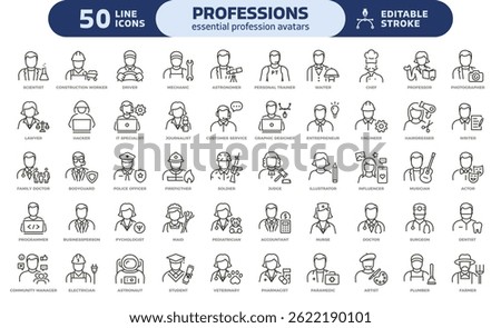Essential professions and diverse job roles avatars icon set. Thin line editable stroke icons for careers, jobs, workplace, service, education, occupations, employment, workforce