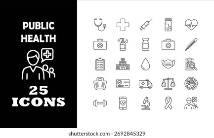 Essential public health icons for projects promoting well-being, medical awareness, and healthcare access. Perfect for digital campaigns and educational content.