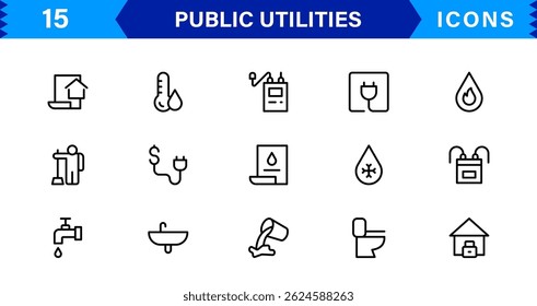 Ícones essenciais de utilidade pública. Símbolos de arte de linha limpa, ícones de vetor elegante para sistemas de energia, água e cidade