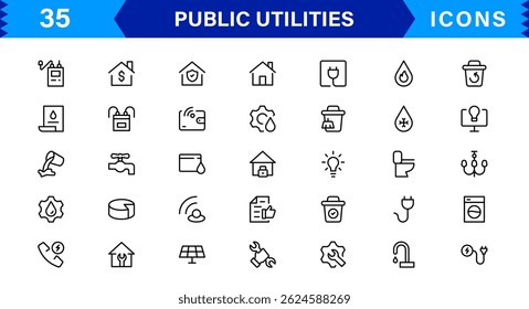 Ícones essenciais de utilidade pública. Símbolos de arte de linha limpa, ícones de vetor elegante para sistemas de energia, água e cidade