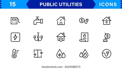 Ícones essenciais de utilidade pública. Símbolos de arte de linha limpa, ícones de vetor elegante para sistemas de energia, água e cidade