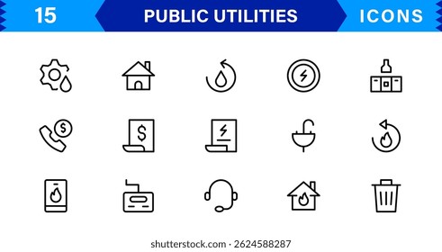 Essential Public Utility Icons. Clean Line Art Symbols, Stylish Vector Icons for Power, Water, and City Systems