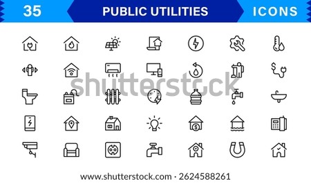 Essential Public Utility Icons. Clean Line Art Symbols, Stylish Vector Icons for Power, Water, and City Systems