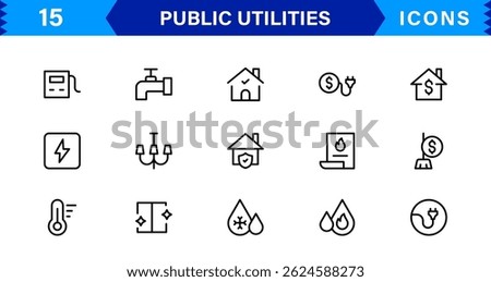 Essential Public Utility Icons. Clean Line Art Symbols, Stylish Vector Icons for Power, Water, and City Systems