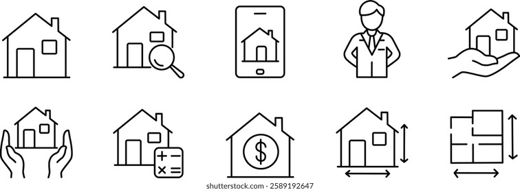 Essential Real Estate and Property Icons, Home Buying, Selling and Investment Symbols.