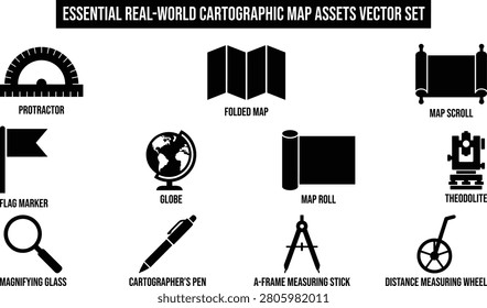 Essential realworld cartographic map assets vector set for geographic measurement and navigation tools collection