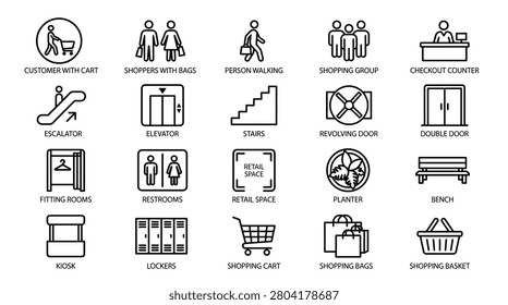 Essential retail and store navigation icon set designed for floor maps and shopping apps. Icons include customer with shopping cart shoppers with bags person walking shopping group checkout counter escalator elevator stairs revolving door double door fitting rooms.