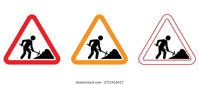 Señales de advertencia esenciales del trabajo de carretera fijadas para las alertas de seguridad de la construcción, señal de carretera en construcción, Hombre cavando la señal de tierra aislada, Señales de construcción de carreteras, Trabajo en progreso, señal de advertencia, Trabajo de carretera por delante