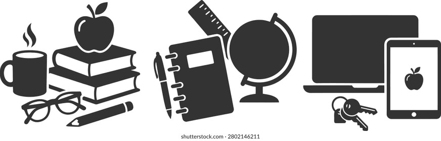 Essential school and office desk icons featuring globes laptops and notebooks for academic study and teaching work