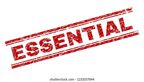 ESSENTIAL seal print with grunge style. Red vector rubber print of ESSENTIAL text with grunge texture. Text title is placed between double parallel lines.