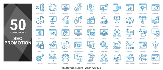 Essential SEO promotion icon collection. Includes optimization tools, analytics, traffic boost, link building, and keyword planning symbols.