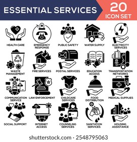 Essential Services Black Glyph Icon Set Collection