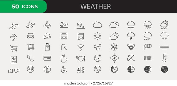 Essential set of 50 thin line icons for weather forecasting, travel services, and airport navigation.