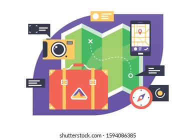 Essential set for adventurer vector illustration. Traveler kit with suitcase and smartphone and compass flat style design. Composition for journey. Vacation concept