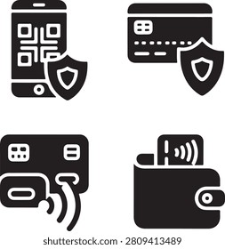An essential set of black glyph icons illustrating secure mobile payments, credit card protection, and contactless transaction methods for modern financial technology.