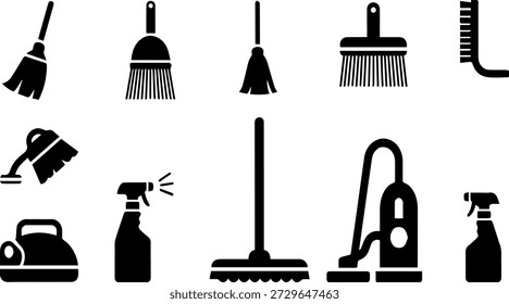 Essential set of cleaning tool icons, including brooms, mops, vacuum cleaners, and spray bottles for household services.