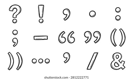 Essential set of hand drawn punctuation marks including questions and exclamation points. These creative sketches offer charming aesthetic suitable for educational materials typography design and artistic composition. Easily incorporate these signs into various projects.