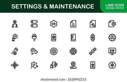 Essential Settings Icons. Sleek Vector Designs for Tools and Maintenance Interfaces