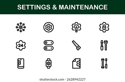 Essential Settings Icons. Sleek Vector Designs for Tools and Maintenance Interfaces