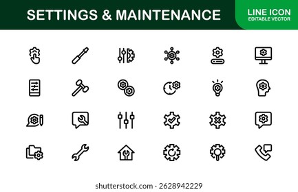 Essential Settings Icons. Sleek Vector Designs for Tools and Maintenance Interfaces
