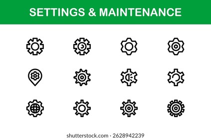 Essential Settings Icons. Sleek Vector Designs for Tools and Maintenance Interfaces