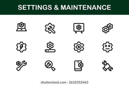 Essential Settings Icons. Sleek Vector Designs for Tools and Maintenance Interfaces