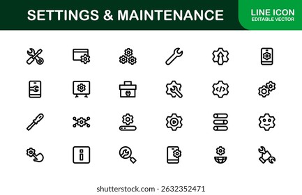Essential Settings Icons. Sleek Vector Designs for Tools and Maintenance Interfaces