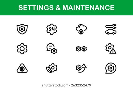 Essential Settings Icons. Sleek Vector Designs for Tools and Maintenance Interfaces