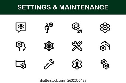 Essential Settings Icons. Sleek Vector Designs for Tools and Maintenance Interfaces