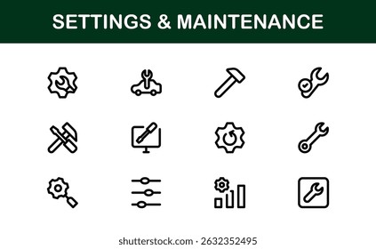 Essential Settings Icons. Sleek Vector Designs for Tools and Maintenance Interfaces