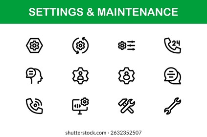 Essential Settings Icons. Sleek Vector Designs for Tools and Maintenance Interfaces