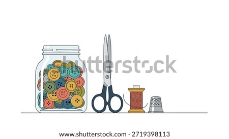 Essential sewing kit items featuring a glass jar filled with colorful buttons, sharp scissors, a spool of thread, and a thimble, ready for crafting projects.